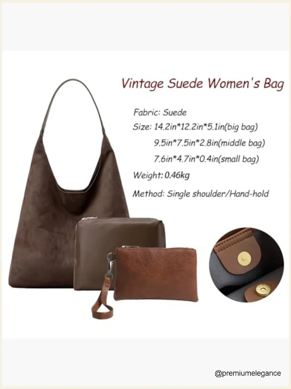3-Piece Faux Suede Hobo Bag Set with Pockets - Large Capacity Work Travel Tote